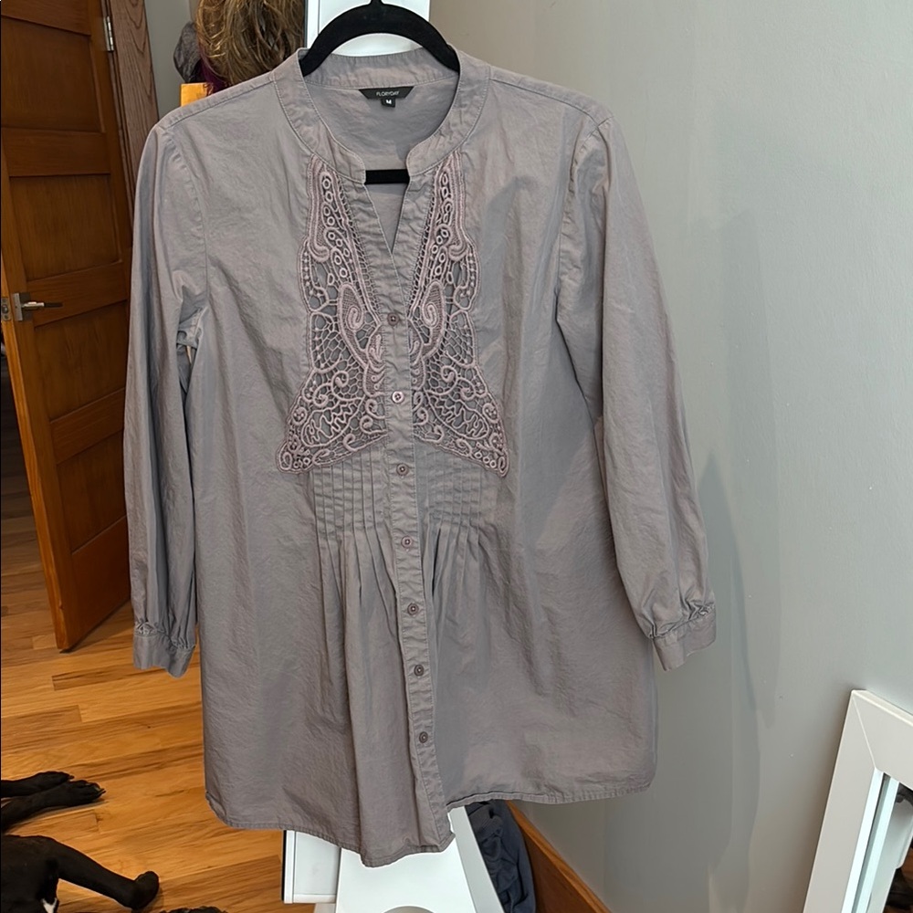 Lavender Gray Embellished 3/4 Sleeve Blouse with Mandarin Collar